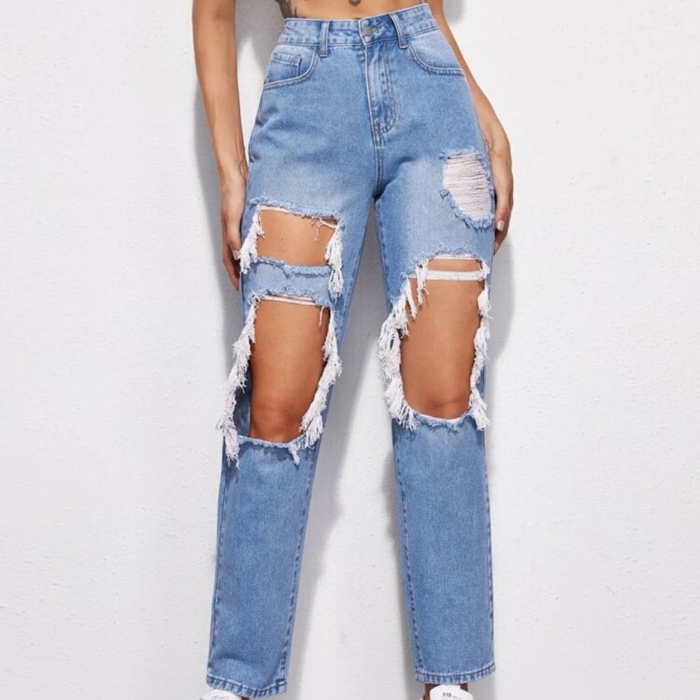 distressed high rise mom jeans
